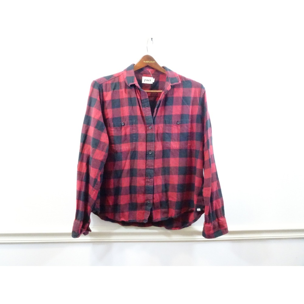 Pact Womens Red Black Buffalo Plaid Organic Cotton Flannel Button Down Shirt XL